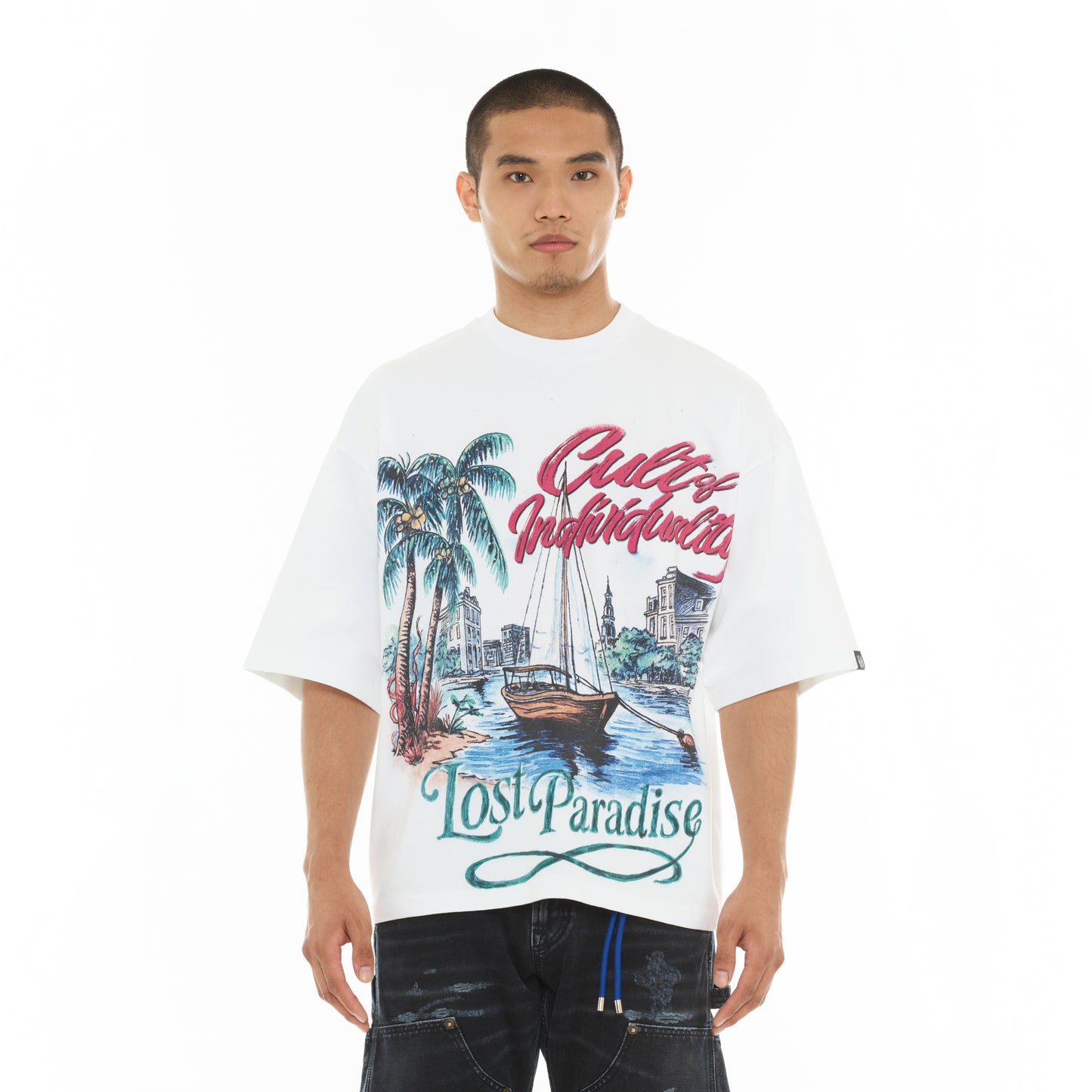 Cult's Oversized Short Sleeve Crew Neck Tee "Lost Paradise" in White