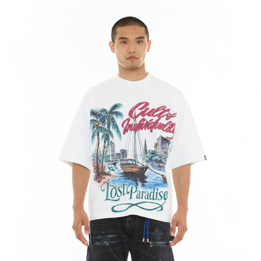 Cult's Oversized Short Sleeve Crew Neck Tee "Lost Paradise" in White
