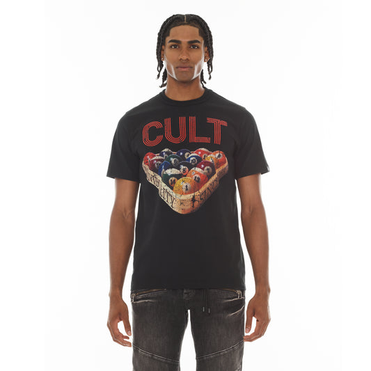 Cult's Heavyweight Short Sleeve Crew Neck Tee "Billiards" in Black