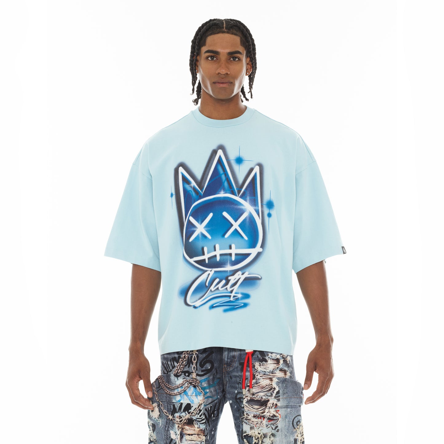 Cult's Oversized Short Sleeve Crew Neck Tee "Airbrush" in Blue Glow