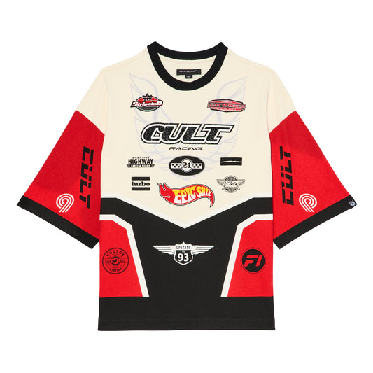 Cult's Oversized Short Sleeve Crew Neck Tee "Racer" in Winter White