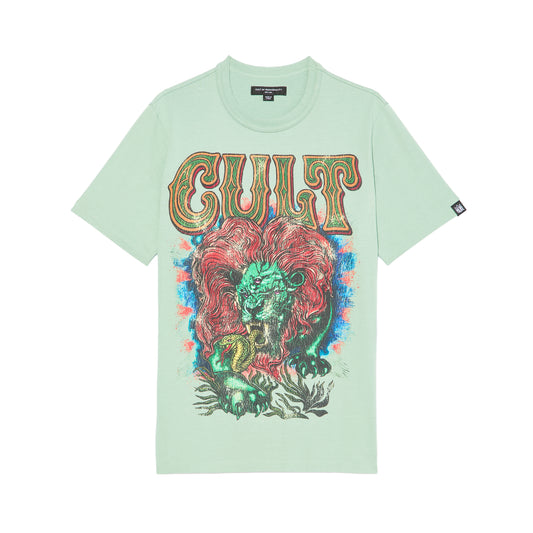 Cult's Heavyweight Short Sleeve Crew Neck Tee "Lion" in Granite Green