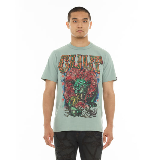 Cult's Heavyweight Short Sleeve Crew Neck Tee "Lion" in Granite Green