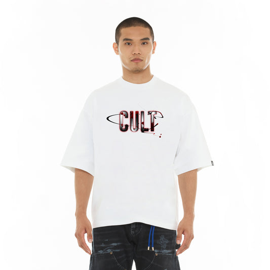 Cult's Oversized Short Sleeve Crew Neck Tee "Blood Logo" in White