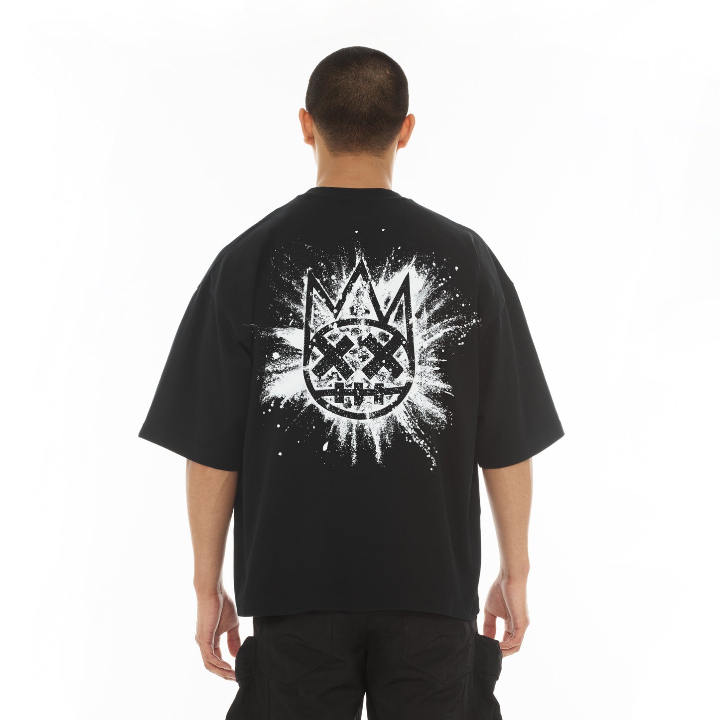 Cult's Oversized Short Sleeve Crew Neck Tee "Splatter Logo" in Black