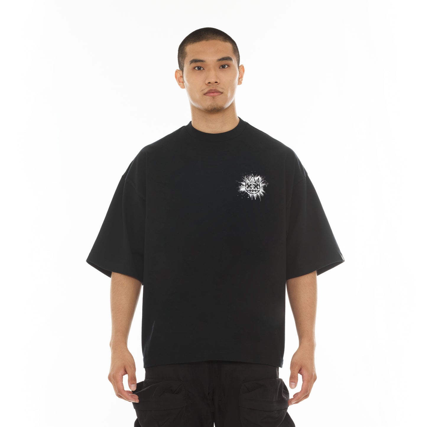 Cult's Oversized Short Sleeve Crew Neck Tee "Splatter Logo" in Black
