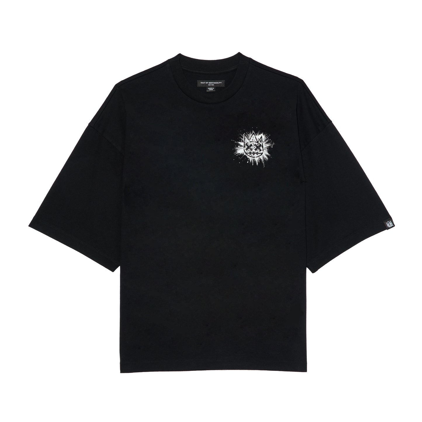 Cult's Oversized Short Sleeve Crew Neck Tee "Splatter Logo" in Black
