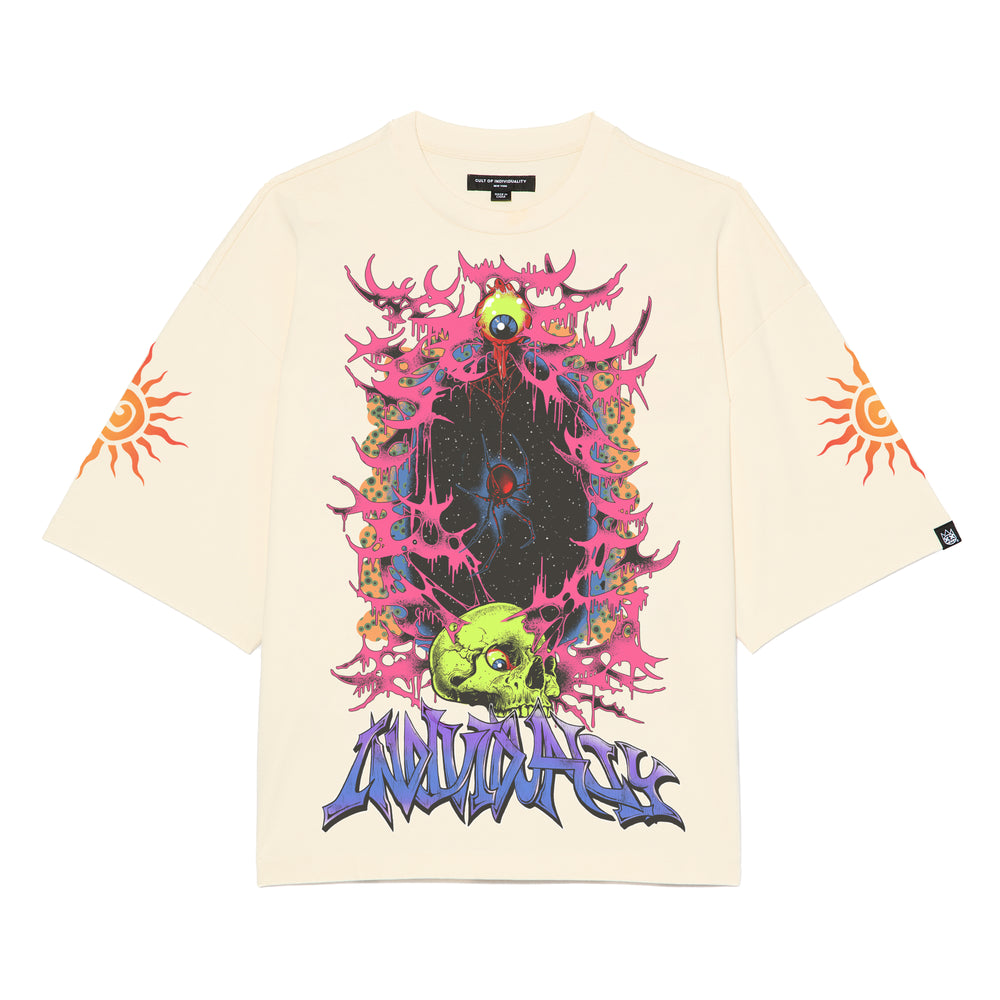 Cult's Oversized Short Sleeve Crew Neck Tee "Along Came A Spider" in Winter White