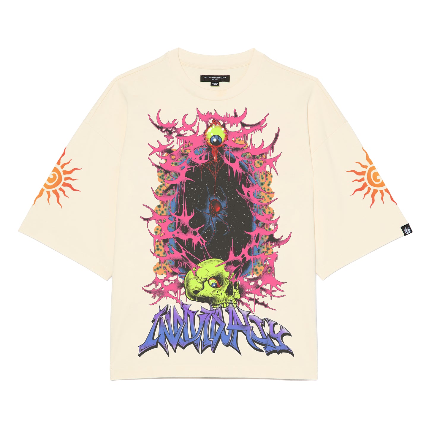 Cult's Oversized Short Sleeve Crew Neck Tee "Along Came A Spider" in Winter White