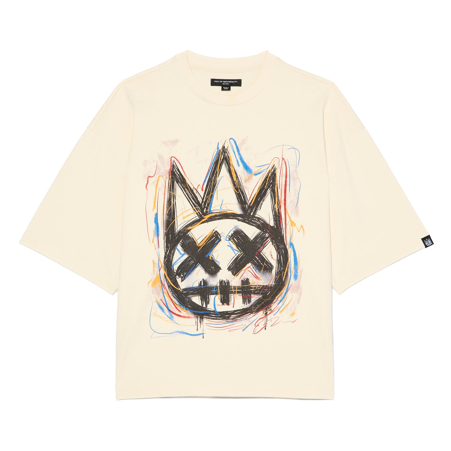 Cult's Oversized Short Sleeve Crew Neck Tee "Scribble Logo" in Winter White