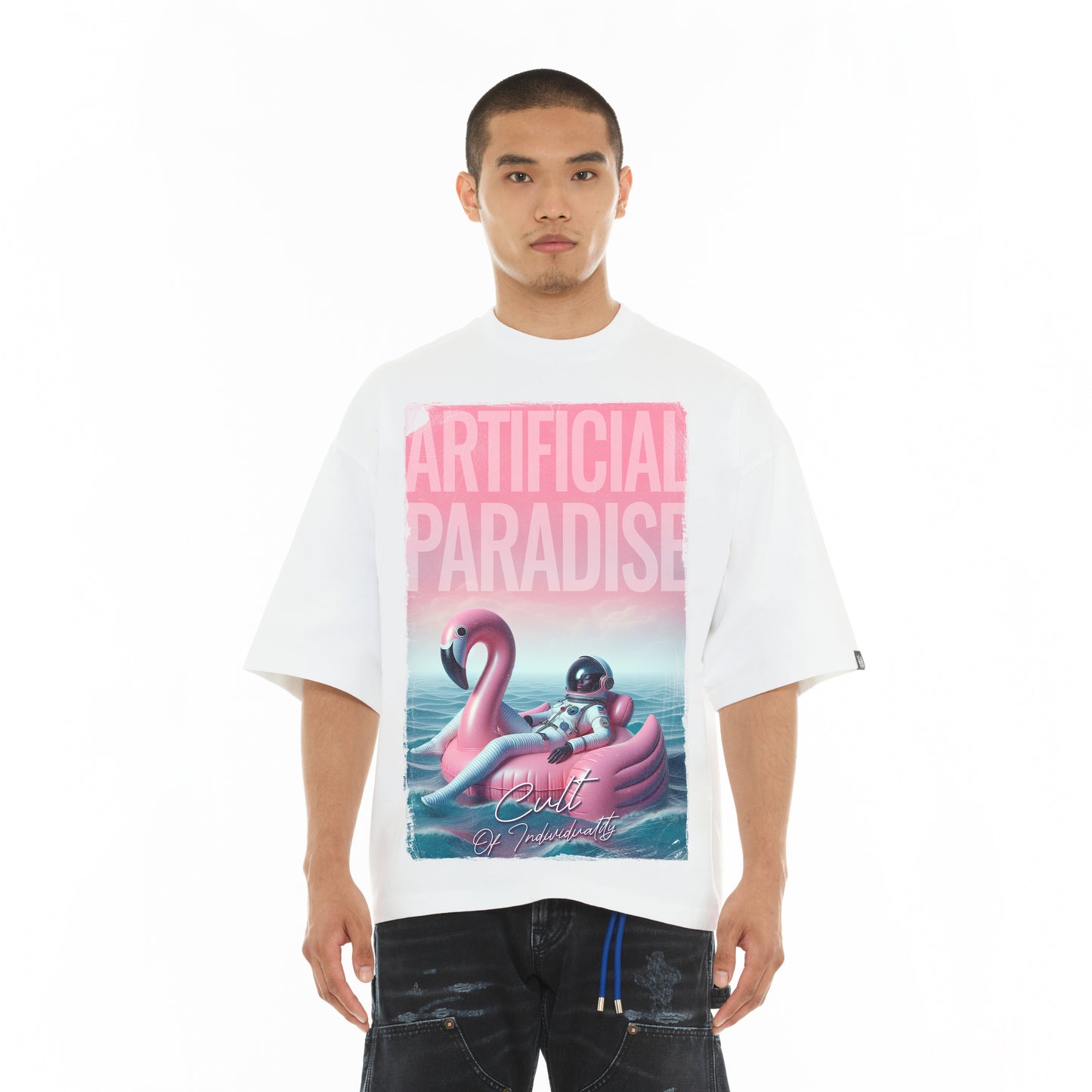 Cult's Oversized Short Sleeve Crew Neck Tee "Artificial Paradise" in White