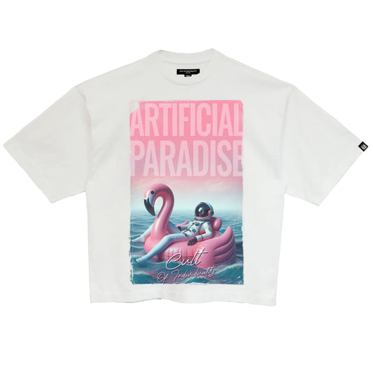 Cult's Oversized Short Sleeve Crew Neck Tee "Artificial Paradise" in White