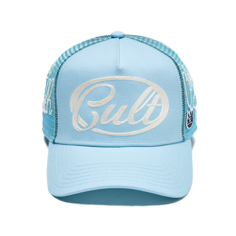 Cult's Mesh Back Trucker Hat "Community" In Blue Glow