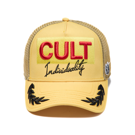 Cult's Mesh Back Trucker Hat "Racing" In Yellow Gold