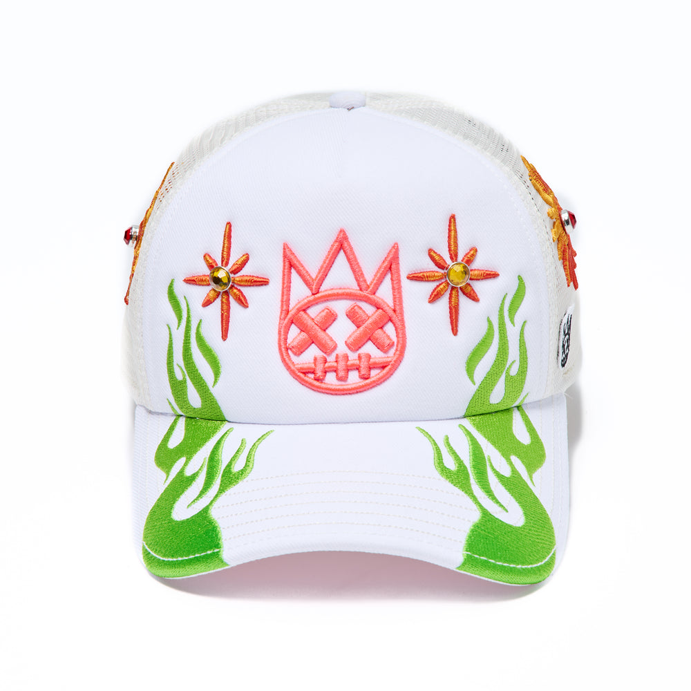 Cult's Mesh Back Trucker Hat "Sunny Daze Spider" In Winter White