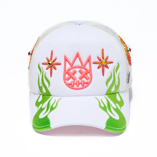 Cult's Mesh Back Trucker Hat "Sunny Daze Spider" In Winter White