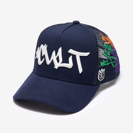 Cult's Mesh Back Trucker Hat "Graffiti" In Midnight Blue