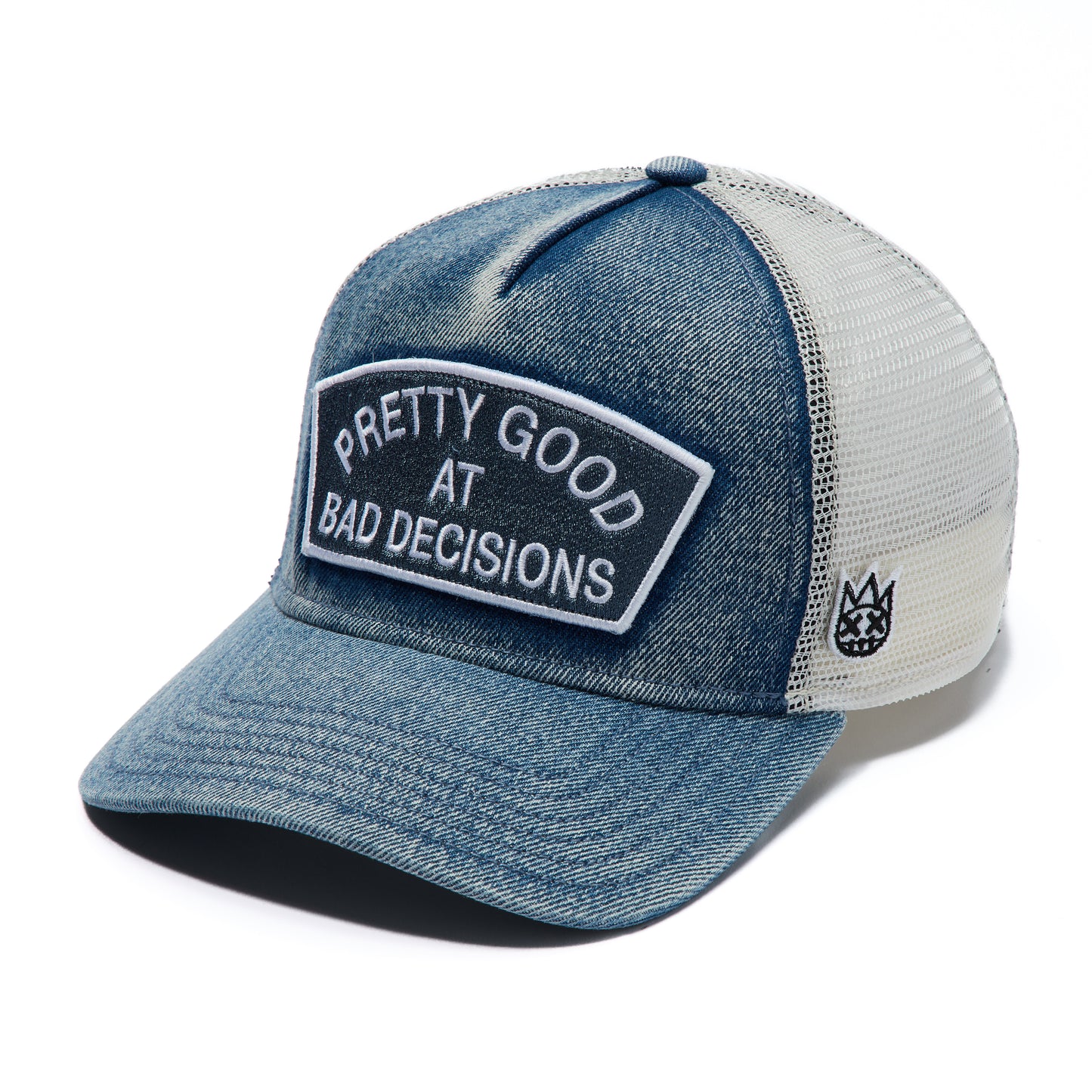 Cult's Mesh Trucker Hat "Good At Bad Decisions" In Denim
