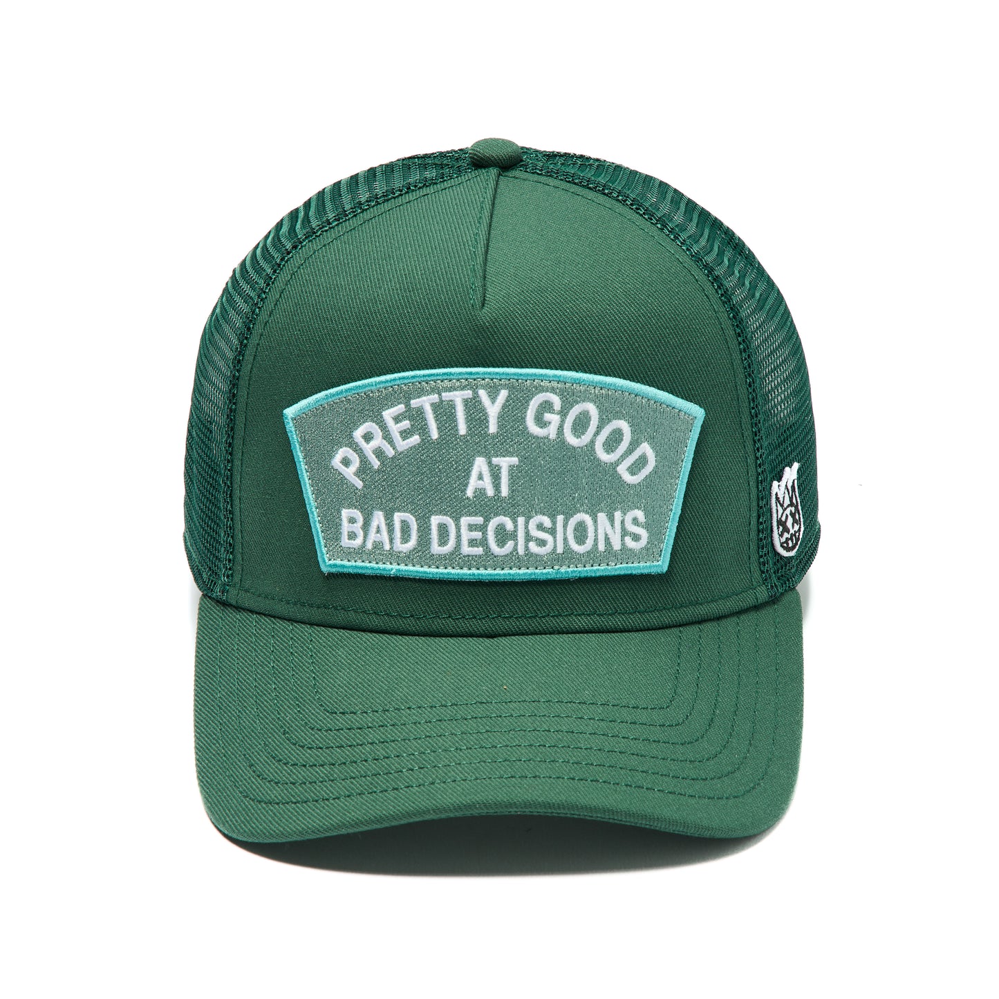 Cult's Mesh Trucker Hat "Good At Bad Decisions" In Bayberry