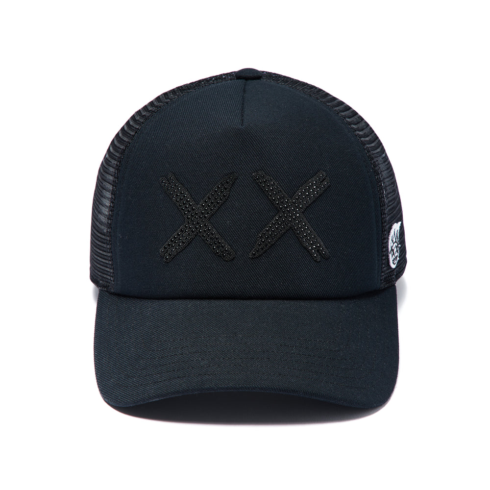 Cult's Black Crystals Mesh Trucker Hat "XX" Logo In Black/Black