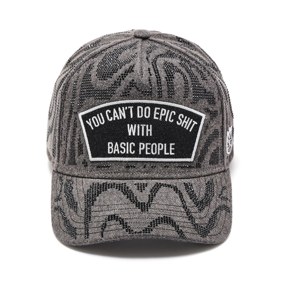 Cult's 5 Panel A Frame Trucker Hat "Epic Shit" Swirl Crystals In Black Denim
