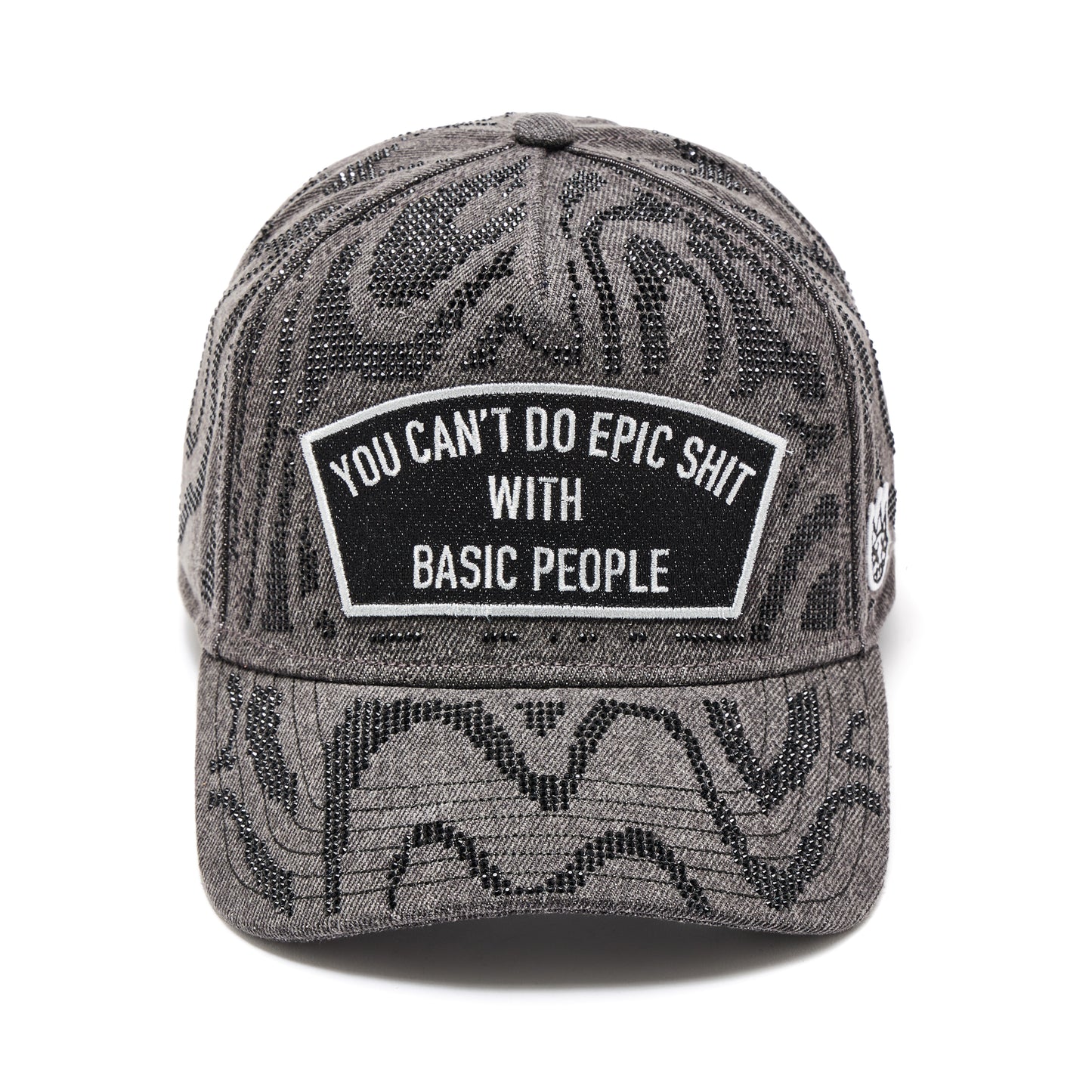 Cult's 5 Panel A Frame Trucker Hat "Epic Shit" Swirl Crystals In Black Denim