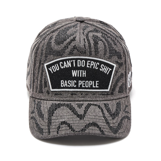 Cult's 5 Panel A Frame Trucker Hat "Epic Shit" Swirl Crystals In Black Denim