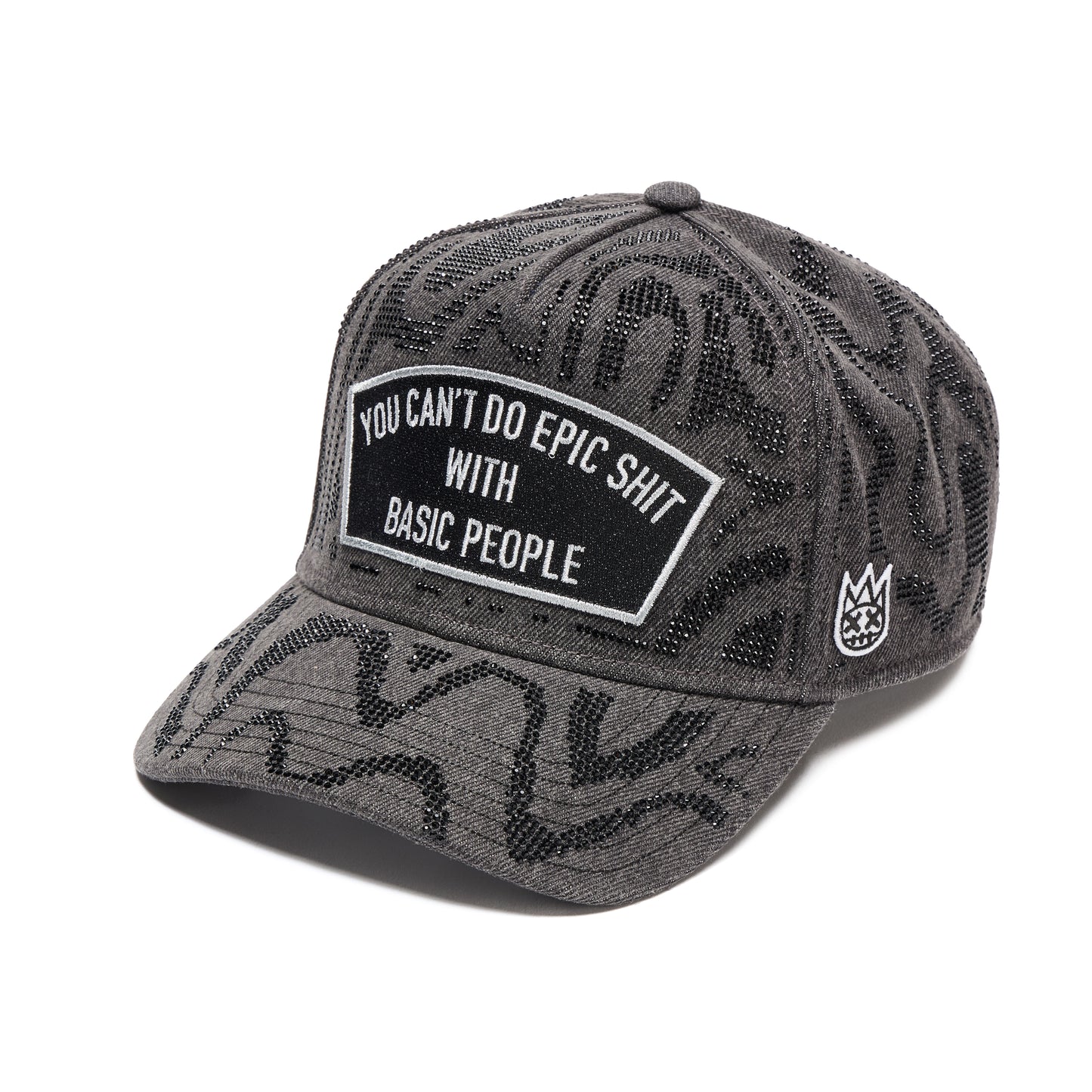 Cult's 5 Panel A Frame Trucker Hat "Epic Shit" Swirl Crystals In Black Denim