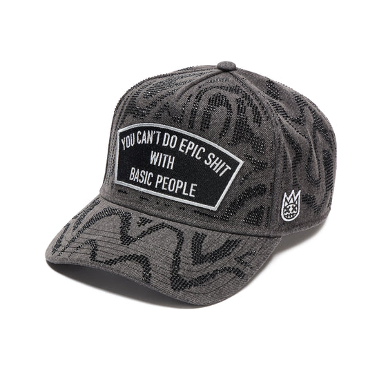 Cult's 5 Panel A Frame Trucker Hat "Epic Shit" Swirl Crystals In Black Denim