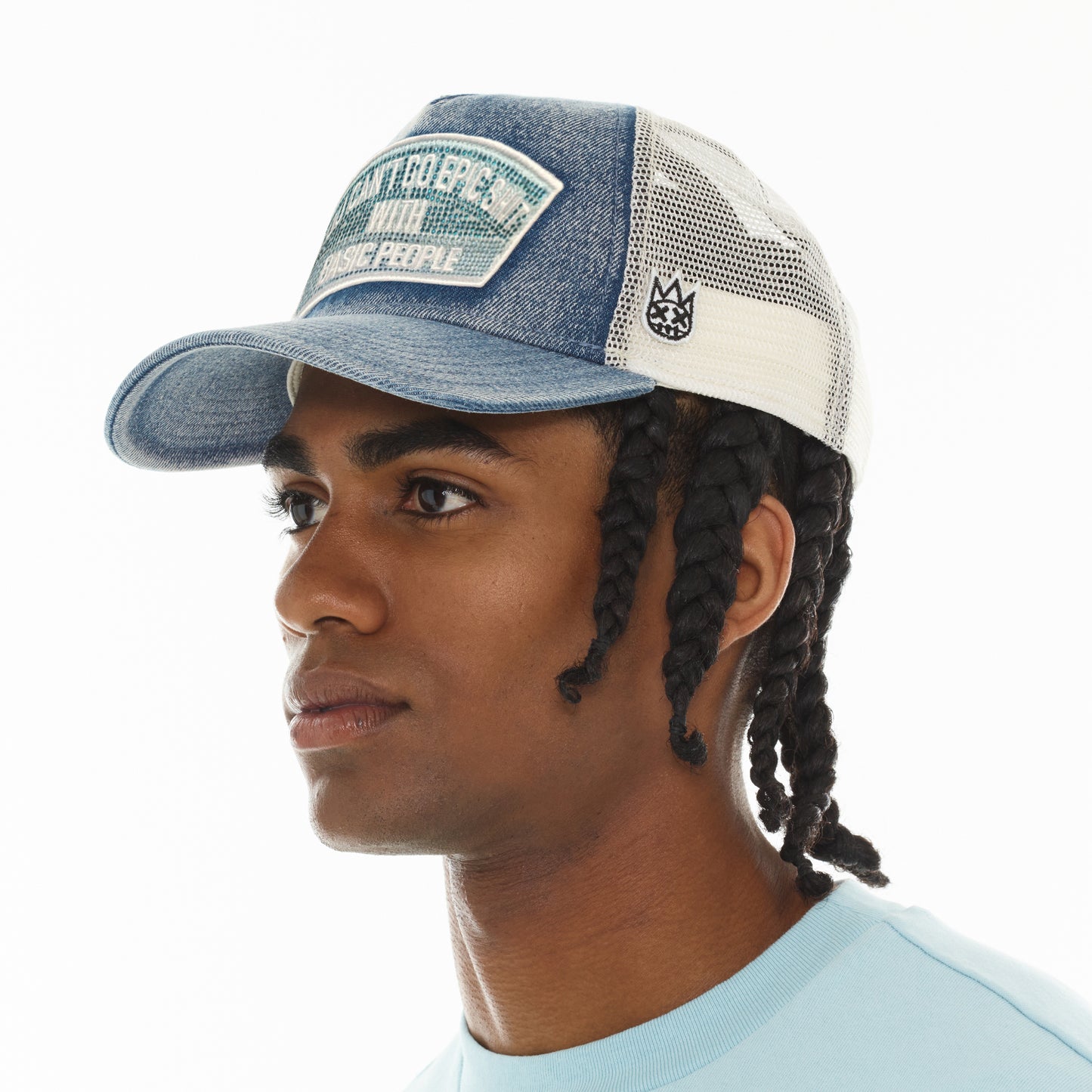 Cult's Mesh Trucker Hat "Epic Shit" Crystals In Blue Denim