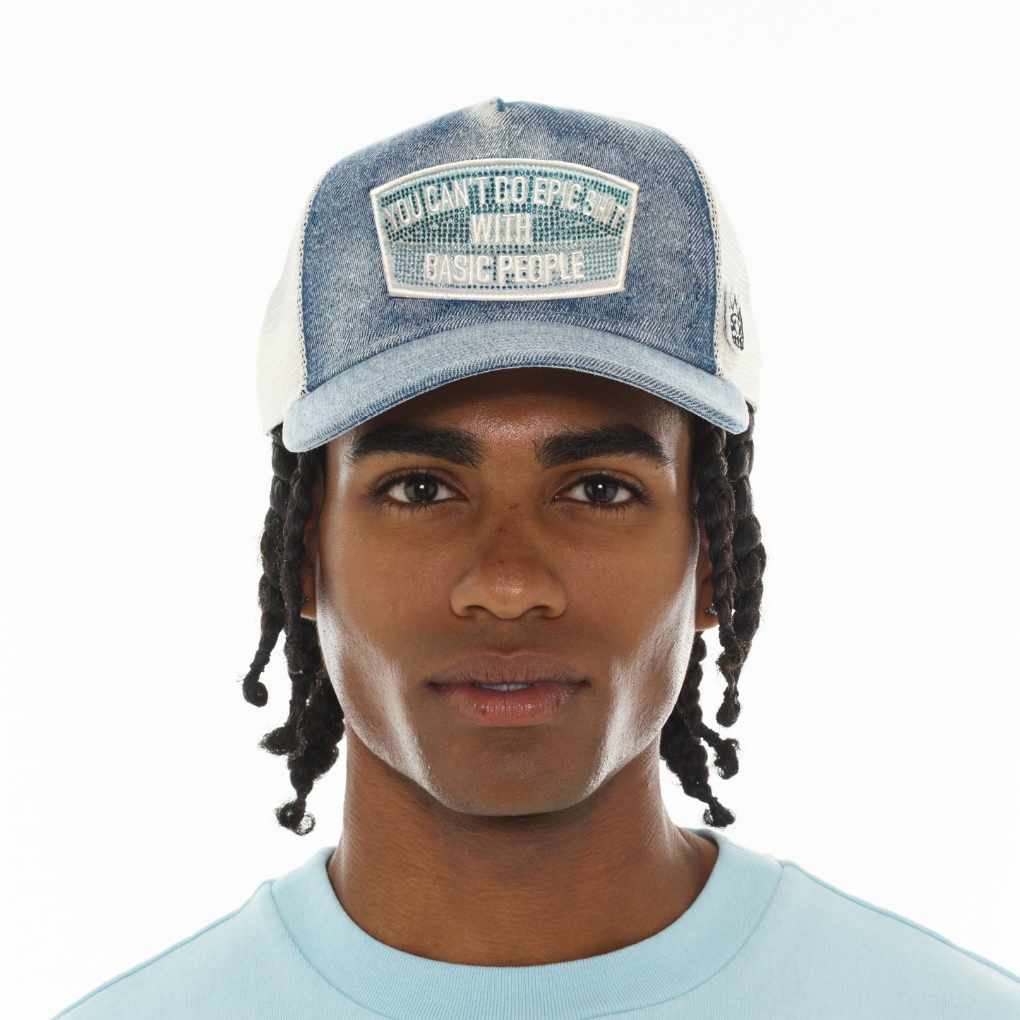 Cult's Mesh Trucker Hat "Epic Shit" Crystals In Blue Denim