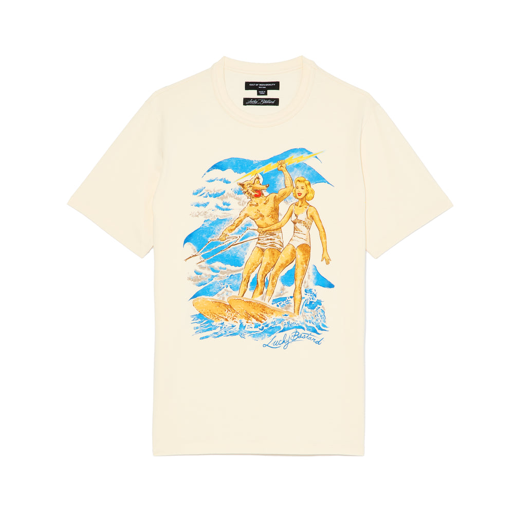 Cult's Lucky Bastard Short Sleeve Crew Neck Tee "Surfin Usa" in Winter White