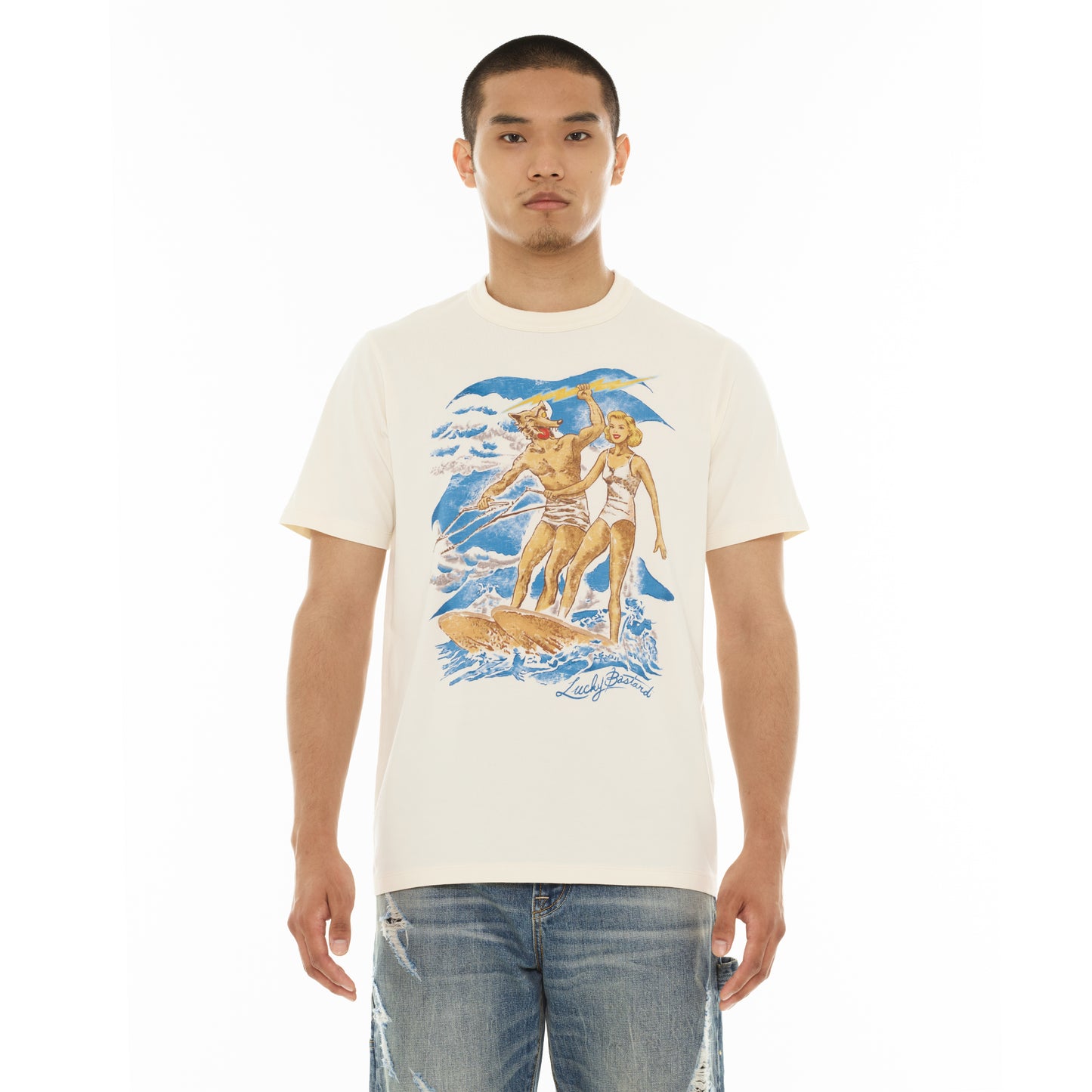 Cult's Lucky Bastard Short Sleeve Crew Neck Tee "Surfin Usa" in Winter White