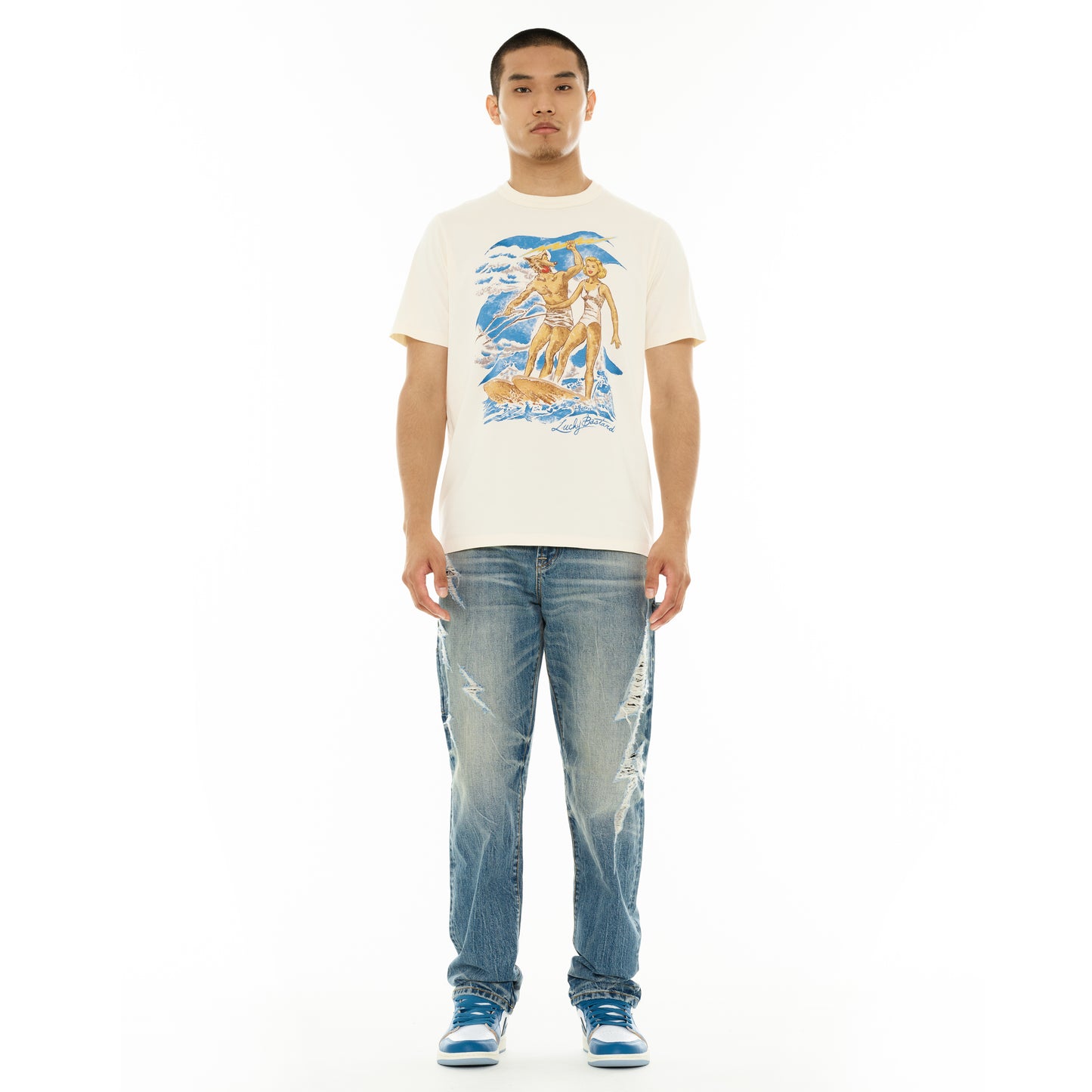 Cult's Lucky Bastard Short Sleeve Crew Neck Tee "Surfin Usa" in Winter White