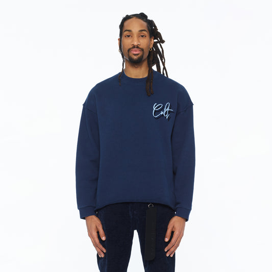 Cult's French Terry Fleece Crew Sweatshirt "Mountains" 620 Grams In Navy