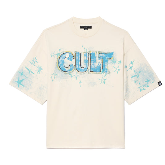 Cult's Oversized Short Sleeve Crew Neck Tee "Stars" 260 Grams In Winter White