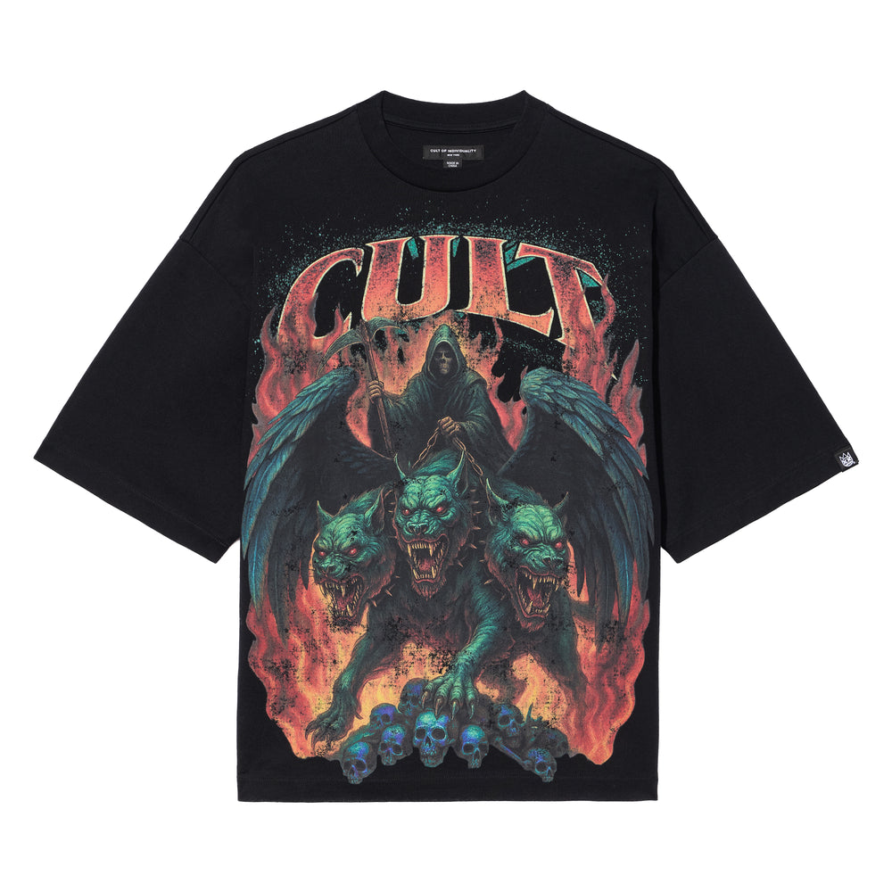 Cult's Oversized Short Sleeve Crew Neck Tee "Cerberus" 260 Grams In Black