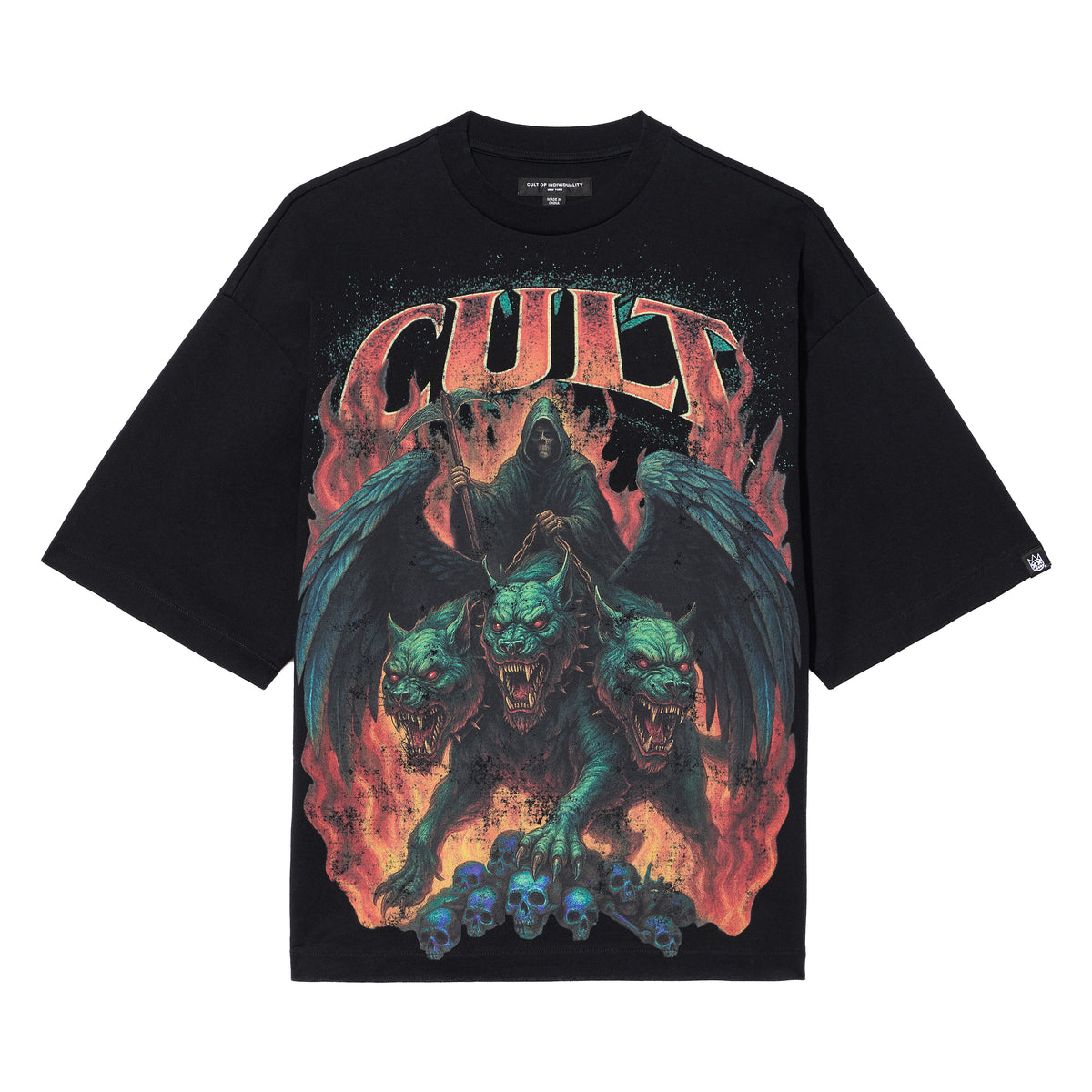 Cult's Oversized Short Sleeve Crew Neck Tee "Cerberus" 260 Grams In Black