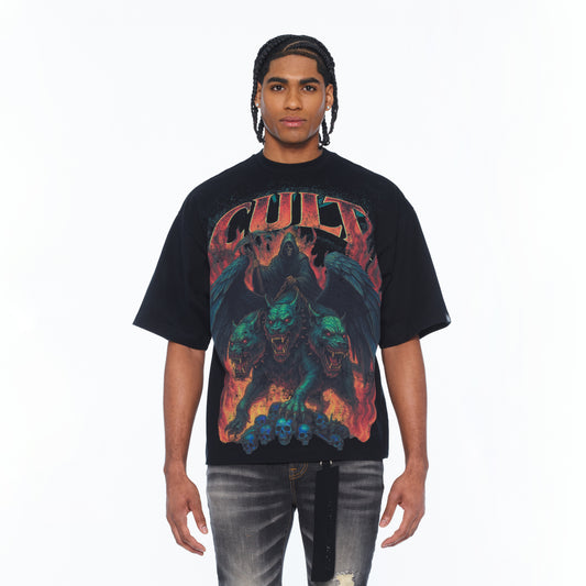 Cult's Oversized Short Sleeve Crew Neck Tee "Cerberus" 260 Grams In Black
