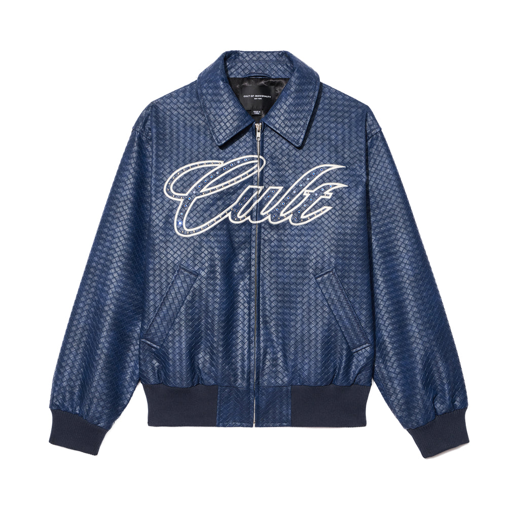 Cult's Woven Leather Varsity Jacket In Navy