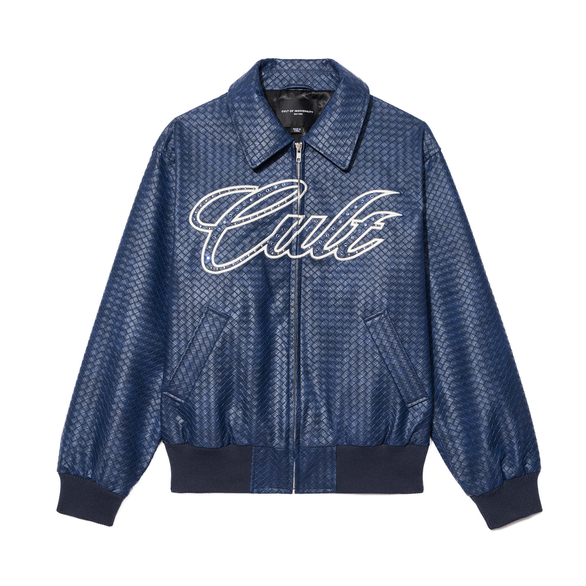 Cult's Woven Leather Varsity Jacket In Navy