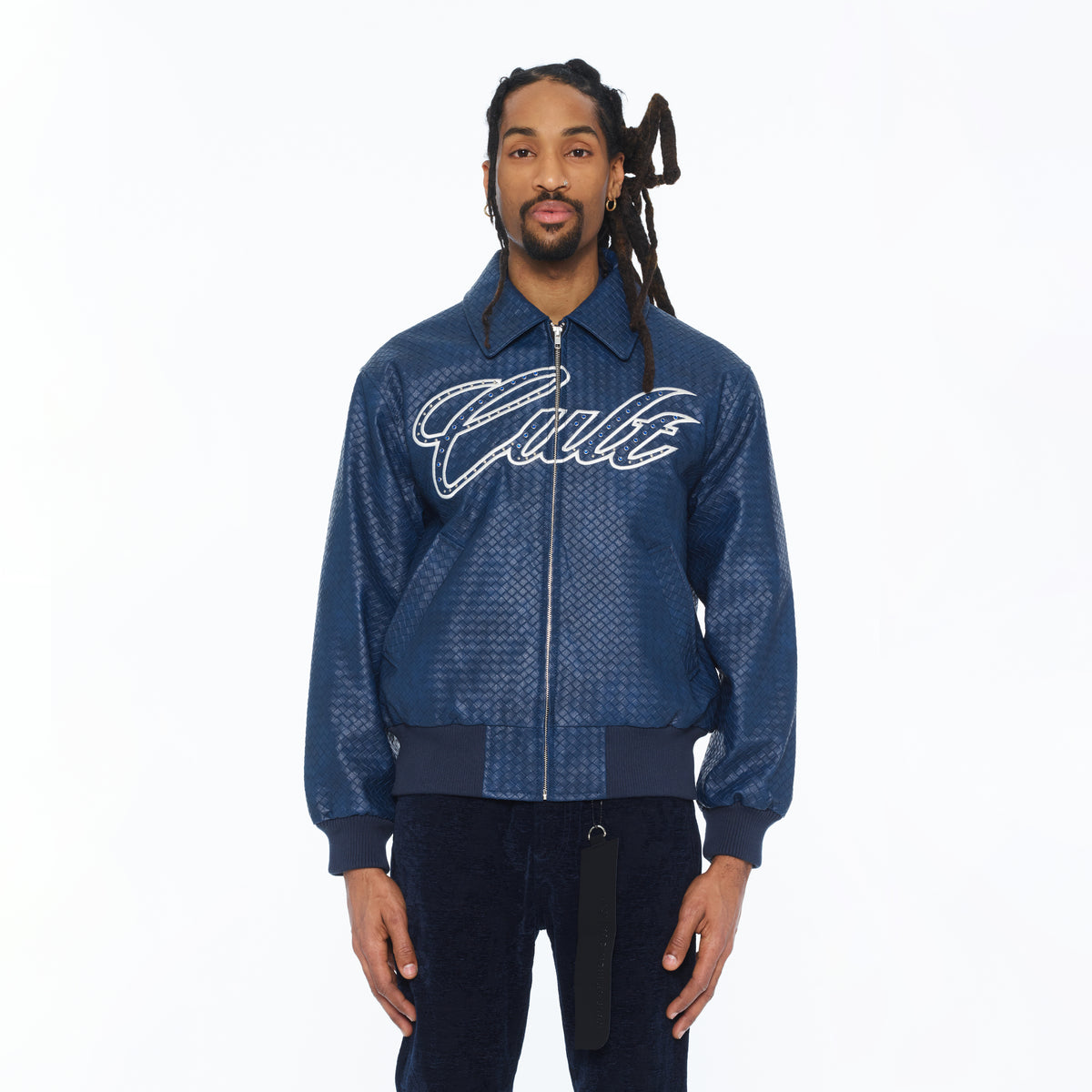Cult's Woven Leather Varsity Jacket In Navy