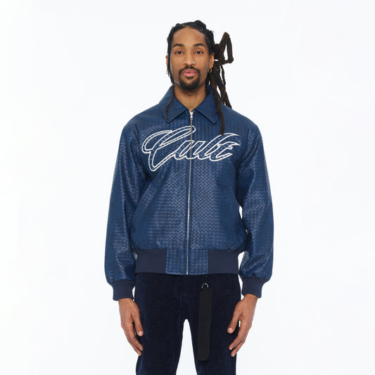 Cult's Woven Leather Varsity Jacket In Navy