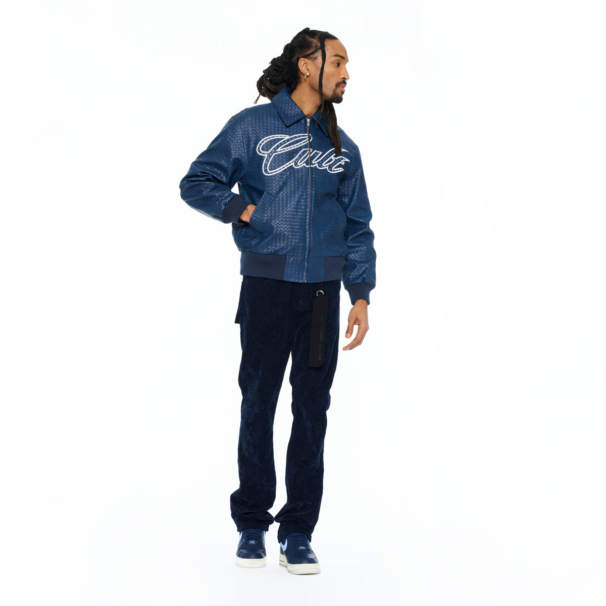 Cult's Woven Leather Varsity Jacket In Navy