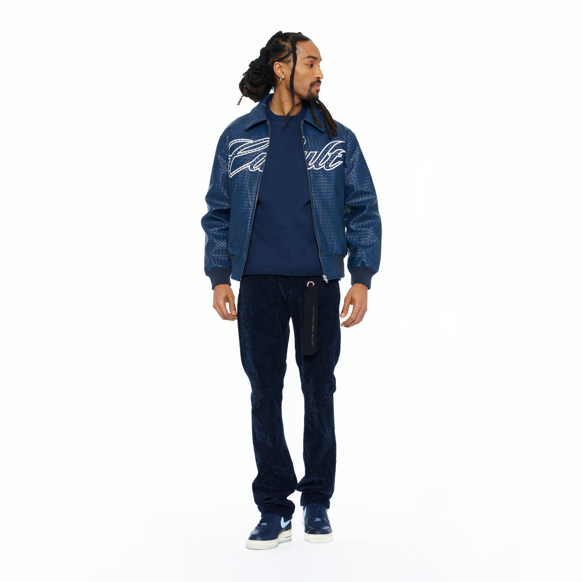 Cult's Woven Leather Varsity Jacket In Navy