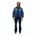 Cult's Woven Leather Varsity Jacket In Navy