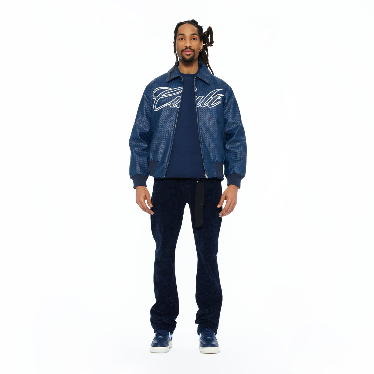 Cult's Woven Leather Varsity Jacket In Navy