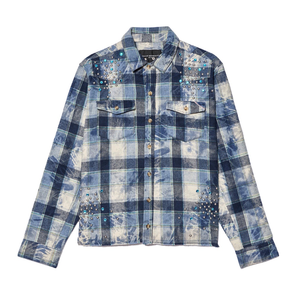 Cult's L/S Embellished Plaid Woven Shirt In Blue Steel Plaid