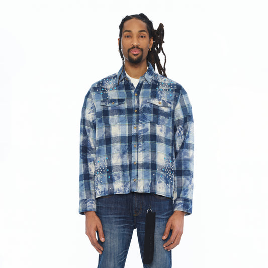 Cult's L/S Embellished Plaid Woven Shirt In Blue Steel Plaid