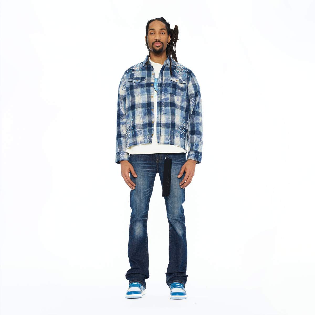 Cult's L/S Embellished Plaid Woven Shirt In Blue Steel Plaid